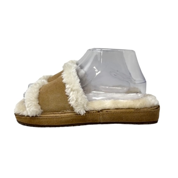 Minnetonka Suede Leather Faux Fur Open Toe Slippers Slides Tan Womens Size 7 - Picture 4 of 9